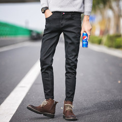 Autumn and winter, word breaking jeans, men's Korean version, slim feet pants, boys nine points pants, thin and long pants S Black trousers without holes