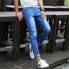 Fall hole nine points jeans, men's Korean version, self-cultivation beggar trousers, tide men's straight cylinder, light colored 9 point little feet pants Thirty-four Nine points small hole