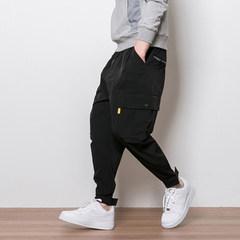 Autumn and winter Japanese male fat XL overalls loose jeans casual tide fat upon closing Haren pants 3XL black
