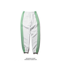 Europe and the United States high street in red tide net bars vintage sports leisure pants for men and women section BF wind Wu Yifan with pants S White and green