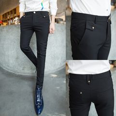 2017 spring and autumn men's casual pants male Korean trousers pants suit small slim hair stylist pants tide 30 (self cultivation version) Black pants 008-