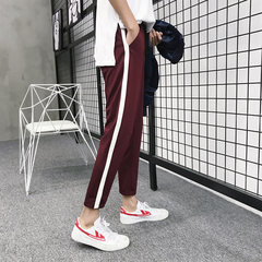 The autumn wind port side nine white male pants slim Haren pants all-match youth sports pants. 3XL Red wine