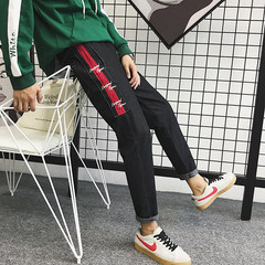 The fall of nine feet of Haren's casual jeans men loose straight pants all-match trend of Korean Students 27 S code #138 red black trousers