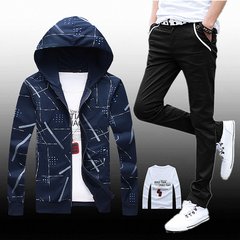 Men's 2017 fall youth leisure jacket collocation denim jeans a suit of men's clothing tide Jacket L+ pants 29 Disorderly English + leisure pants black + T-shirt + belt