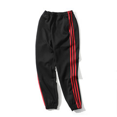 Autumn and winter streets of Europe and the United States three bar men and women sports lovers leisure stretch pants pants pants feet sweat pants size 3XL It is a black T-shirt.