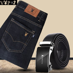 Playboy jeans men's autumn stretch, straight sleeve, mid aged stretch pants, male size, leisure autumn and winter 28 yards [2 feet 1] Combination ten: (black band) + leather belt
