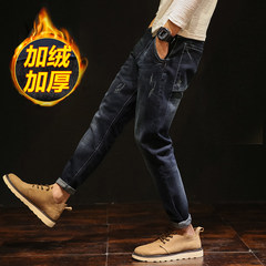 Autumn and winter plus thick black jeans, men's stretch pants, youth casual loose feet, Haren pants man 31 yards D030 [Plush money]
