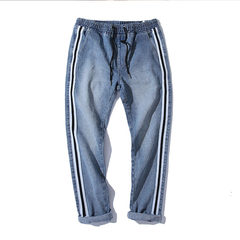 Autumn fashion Korean men's fashion feet pants, stripes Haren jeans, young students self-cultivation nine points pants tide S blue