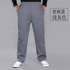 Mid autumn and winter sports pants for men, big yards loose cotton elastic, Dad casual pants plus cashmere thickening pants 3XL Light grey