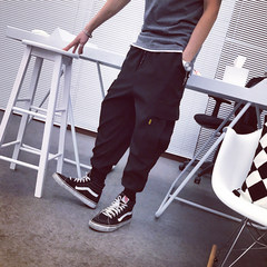"BeeDee" American casual pants Japanese Harajuku Street loose tooling pocket trend Wei pants M No hair, thin black