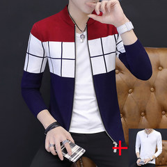 2017 men fall coat sweater knit cardigan new trend of Korean men's slim long sleeved spring jacket 165/M Red