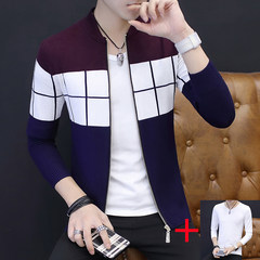 2017 men fall coat sweater knit cardigan new trend of Korean men's slim long sleeved spring jacket 165/M Red wine