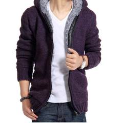 2017秋冬男士青年线 毛衣外套加绒加厚针织开衫修身 棉服 袄男装 XL/180 紫色