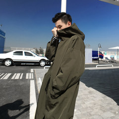In autumn and winter in the green OVERSIZE long overcoat Korean windproof hooded Cardigan Jacket Mens windbreaker S black