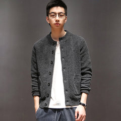Macheda's autumn tide Japanese retro Crewneck cardigan sweater slim knit coat color simple youth M gray