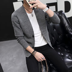 Men's sweater slim V all-match trend of Korean men sweater collar cardigan wearing long sleeved and handsome 3XL gray