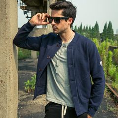 AK autumn sports baseball uniform male American Cardigan Jacket Mens men with spring and autumn cashmere sweater thickened leisure S dark blue