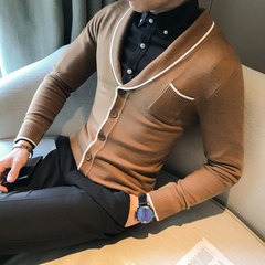 Men's winter pajamas neck knit shirt casual fashion coat sweater sweater slim Korean color cardigan 3XL black