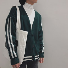 Korean autumn new handsome boys oversize color loose sweater stripe cardigan coat young students S green