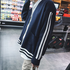 Korean autumn new handsome boys oversize color loose sweater stripe cardigan coat young students S Navy Blue