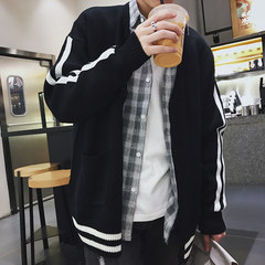 Korean autumn new handsome boys oversize color loose sweater stripe cardigan coat young students S black