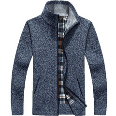 Special offer every day in autumn and winter men's zipper cardigan sweater with velvet jacket collar men loose knit warm 3XL Blue gray