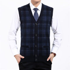 Autumn and winter vest middle-aged man in old men's Cardigan Sweater Vest dad wool vest sweater 170/110 Navy blue B98-1