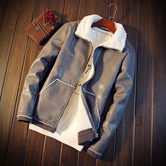 Winter lamb wool jacket slim leather thickening trend of Korean large cotton handsome men's jacket M gray
