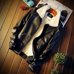 Winter lamb wool jacket slim leather thickening trend of Korean large cotton handsome men's jacket M black