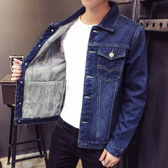 2017 winter denim jacket, men's thickening, Korean style jacket, leisure, warmth, men's cotton clothing trend 3XL Navy Blue