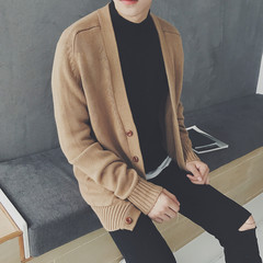 Japanese retro minimalist V neck knit cardigan Mens pure Korean youth loose sweater coat tide in spring and Autumn M Khaki