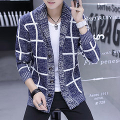 Autumn and winter sweater trend of Korean men loaded Metrosexual Lapel sweater knit cardigan coat thick young students 3XL 9315A blue + white send up