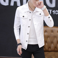 Spring and autumn cardigan baseball uniform men youth handsome Jacket Mens tide Korean slim denim jacket men S Y080 white