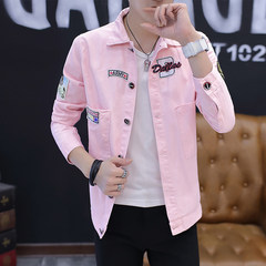 Spring and autumn cardigan baseball uniform men youth handsome Jacket Mens tide Korean slim denim jacket men S Y085 Pink