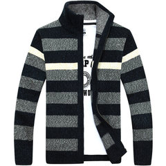 Special offer every day male men fall sweater cardigan sweater coat zipper collar Striped Polo neck sweater 170/M Deep blue