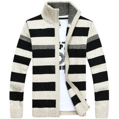 Special offer every day male men fall sweater cardigan sweater coat zipper collar Striped Polo neck sweater 170/M White