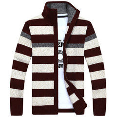 Special offer every day male men fall sweater cardigan sweater coat zipper collar Striped Polo neck sweater 170/M Bordeaux