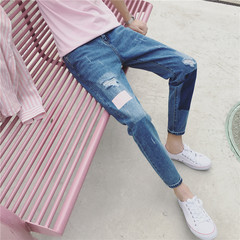Summer autumn ripped jeans trend of Korean men BF Harajuku wind slim pants pants nine male wind port Thirty-four 866