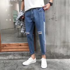 Summer autumn ripped jeans trend of Korean men BF Harajuku wind slim pants pants nine male wind port Thirty-four 6026 color border blue