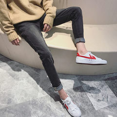 Hong Kong Wind autumn students jeans trend black pants, spring men nine points pants, pants straight cylinder self-cultivation Thirty Map color