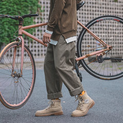 Japanese straight cylinder casual pants, men's pure color long pants, youth curling leg pants, tide brand couples Haren pants S Army green
