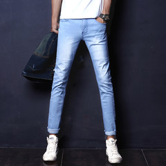 Autumn and winter plus thickening nine points jeans, men's slim feet, Korean Trend 2017 boys, 9 points pants, Hong Kong Style 27 (2.10 feet) Sky blue pants are of high quality