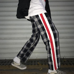 The fall of the new Korean version of the INS with a lattice stitching casual pants tide retro Harajuku wide leg pants pants couple M Hague
