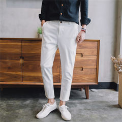 Autumn Korean male casual pants slim trousers loose straight legged pants nine Hong Kong Youth Wind tide all-match wide leg pants Thirty-four white