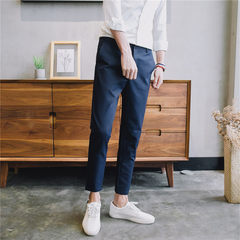 Autumn Korean male casual pants slim trousers loose straight legged pants nine Hong Kong Youth Wind tide all-match wide leg pants Thirty-four Tibet Navy