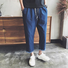 New Haren jeans for men in autumn, loose big size, nine point pants, men's pants, Korean style, wide wind, leg pants 3XL Navy Blue