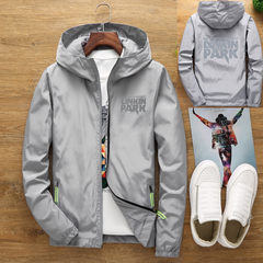 Men's spring and autumn thin coat male Hooded Jacket XL loose fat fat young fat 200 pounds 7XL (250-275 Jin) Alphabet Lincoln gray