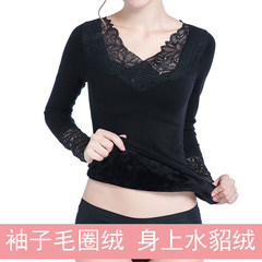 Thermal underwear women thickening, winter tight body lace, V collar bottoming shirt, long sleeved autumn clothes, single blouse F black