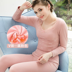Female underwear with velvet tight body long johns suit's backing students cotton sweater Send [priority] delivery of socks V collar plus velvet suit — lotus color