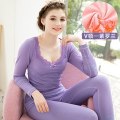 Female underwear with velvet tight body long johns suit's backing students cotton sweater Send [priority] delivery of socks V collar plus velvet suit — violet